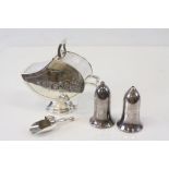 Silver Plate Sugar Casket with Spoon and Elkington Plate Salt and Pepper Shakers