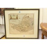 Antique Robert Morden Hand Coloured Map of Somerset, framed and glazed