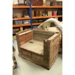 Large Indonesian Hardwood and Metal Bound Box Settle with hinged lift lid seat and side panels,