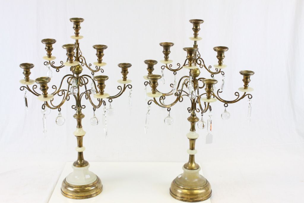Pair of Alabaster & Brass Candelabras with Glass drops