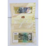 Two uncirculated Australian 50 Dollars banknotes to include first polymer run and last paper run