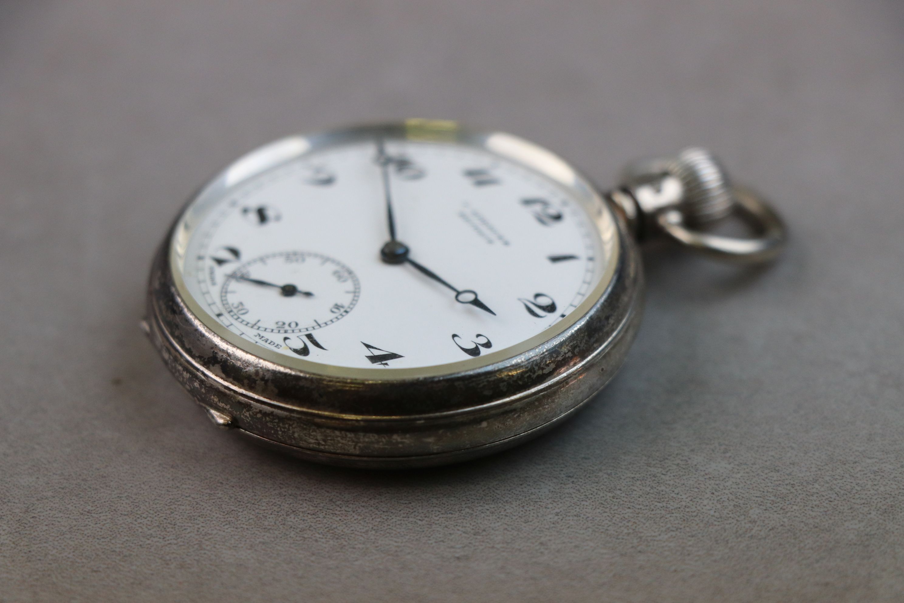 Silver open face top wind pocket watch, white enamel dial and subsidiary seconds dial, black - Image 2 of 4