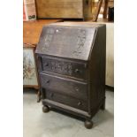 1930's / 40's Oak Bureau with Three Drawers and Bun Feet