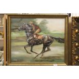 Framed Oil on Board ' The Spotted Wonder ' , Horse Racing Scene, signed ' Jennifer Cox '