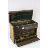 Vintage Wooden Tool Cabinet Box with Lift Lid and Front Opening to reveal Four Drawers
