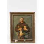 Early 20th century Oil on Canvas, Monk with Wine and Hens, indistinctly signed