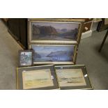 K Muckell oil on board figures by a loch plus one other, two framed prints of the west country