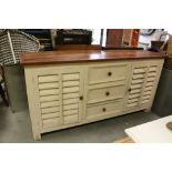 Hardwood Part Painted Sideboard, three drawers flanked either side by slatted cupboard doors