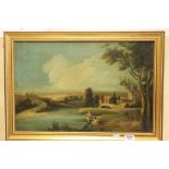 Gilt Framed Oil on Canvas of an 18th century Rural Landscape with Figures Fishing