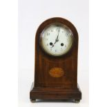 Edwardian Mahogany Inlaid Domed Cased Mantle Clock with White Enamel Dial and Arabic Numerals raised