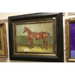 Ebonised Framed Oil Painting of a Thoroughbred Horse in a Stable