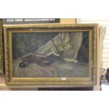 Large Early 20th century Oil on Canvas Still Life of Violin and Book etc in an Gilt Frame