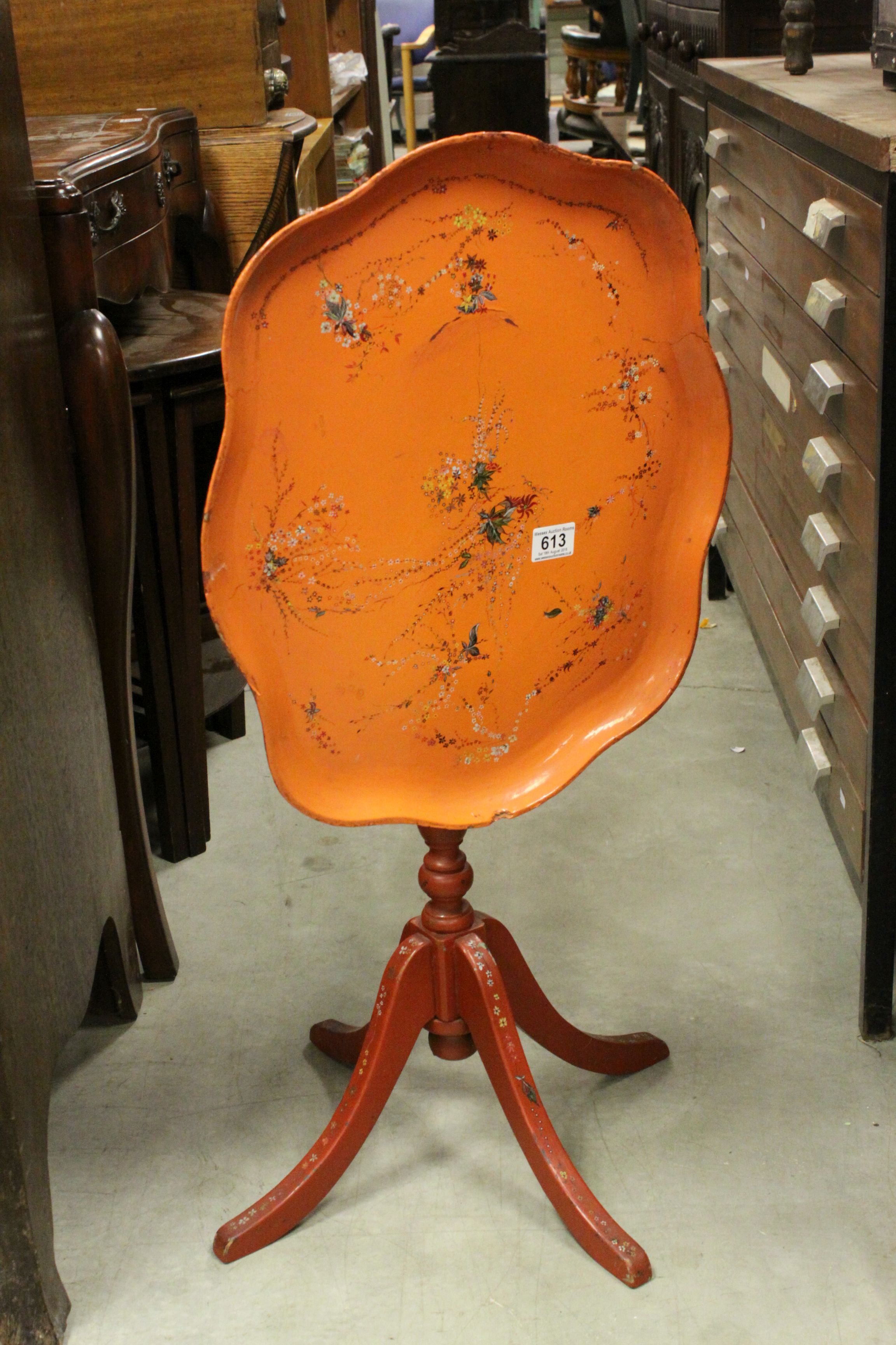 19th century Tilt Top Table with Orange Lacquered and Painted Papier Mache Shaped Top