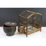 Vintage Pine & metal wire Birdcage and an Oriental Lacquered pot with lid