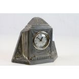 French Art Deco style "Souvenir de Lourdes" white metal Mantle clock, marked to reverse "Orfear