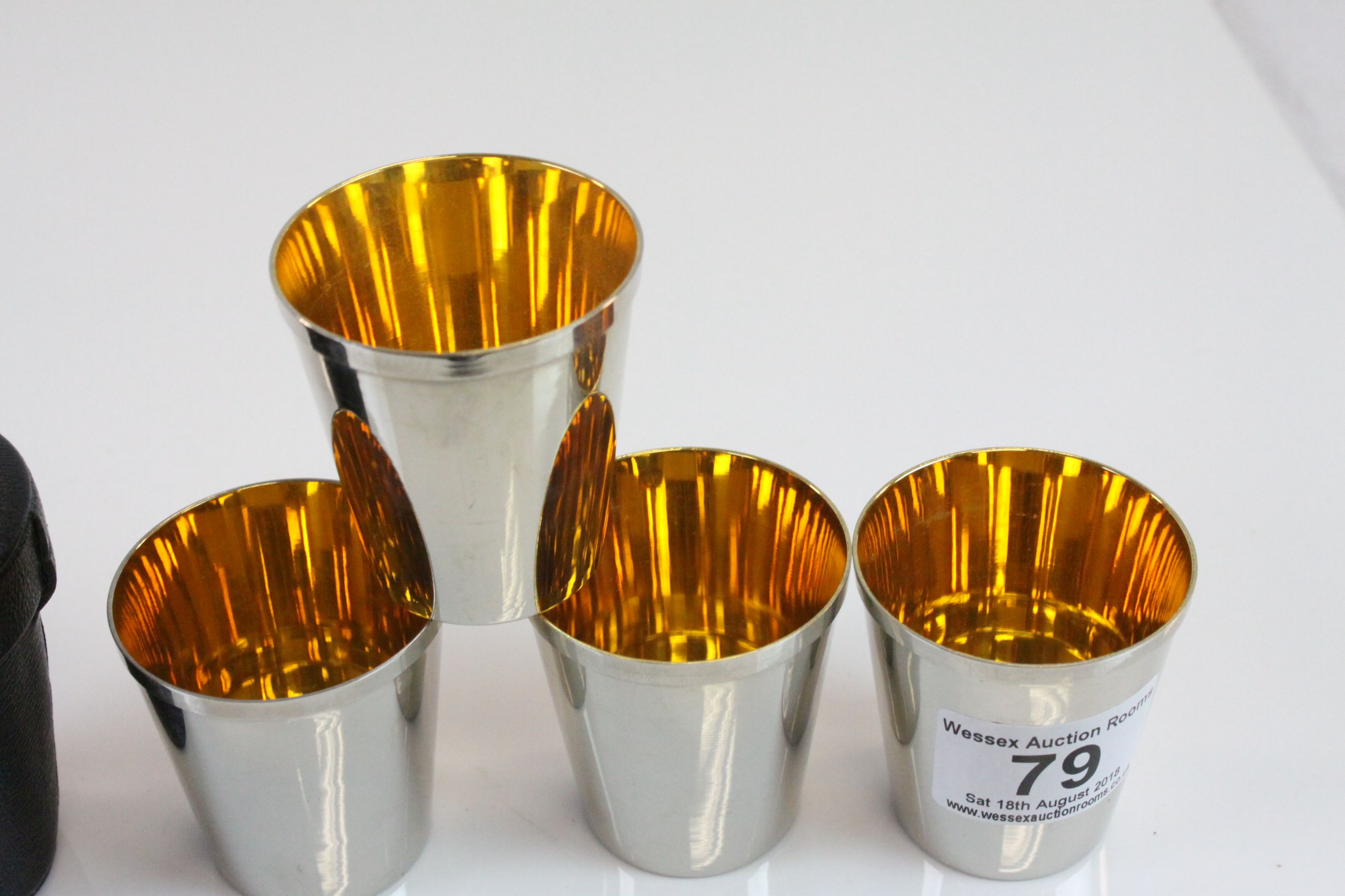 Set of Four White Metal Stacking Hunting / Stirrup Cups with Gilt Interiors in Case - Image 2 of 3