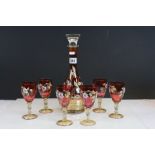 Ruby flash overlay and iridescent glass Decanter and six drinking glasses with Enamel Floral