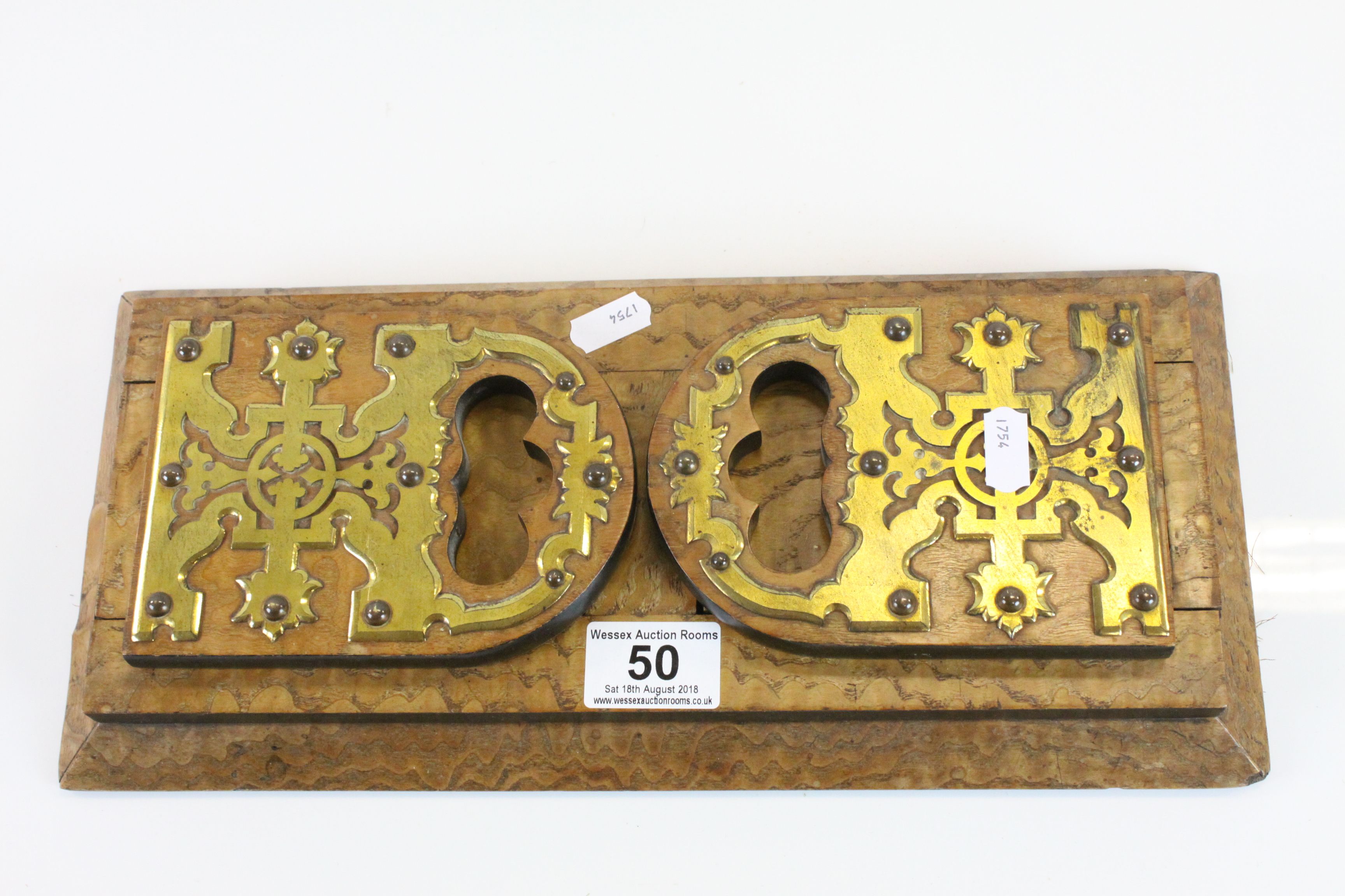 Walnut Veneer sliding Oak Bookshelf with Arts & Crafts style Brass detailing - Image 5 of 5