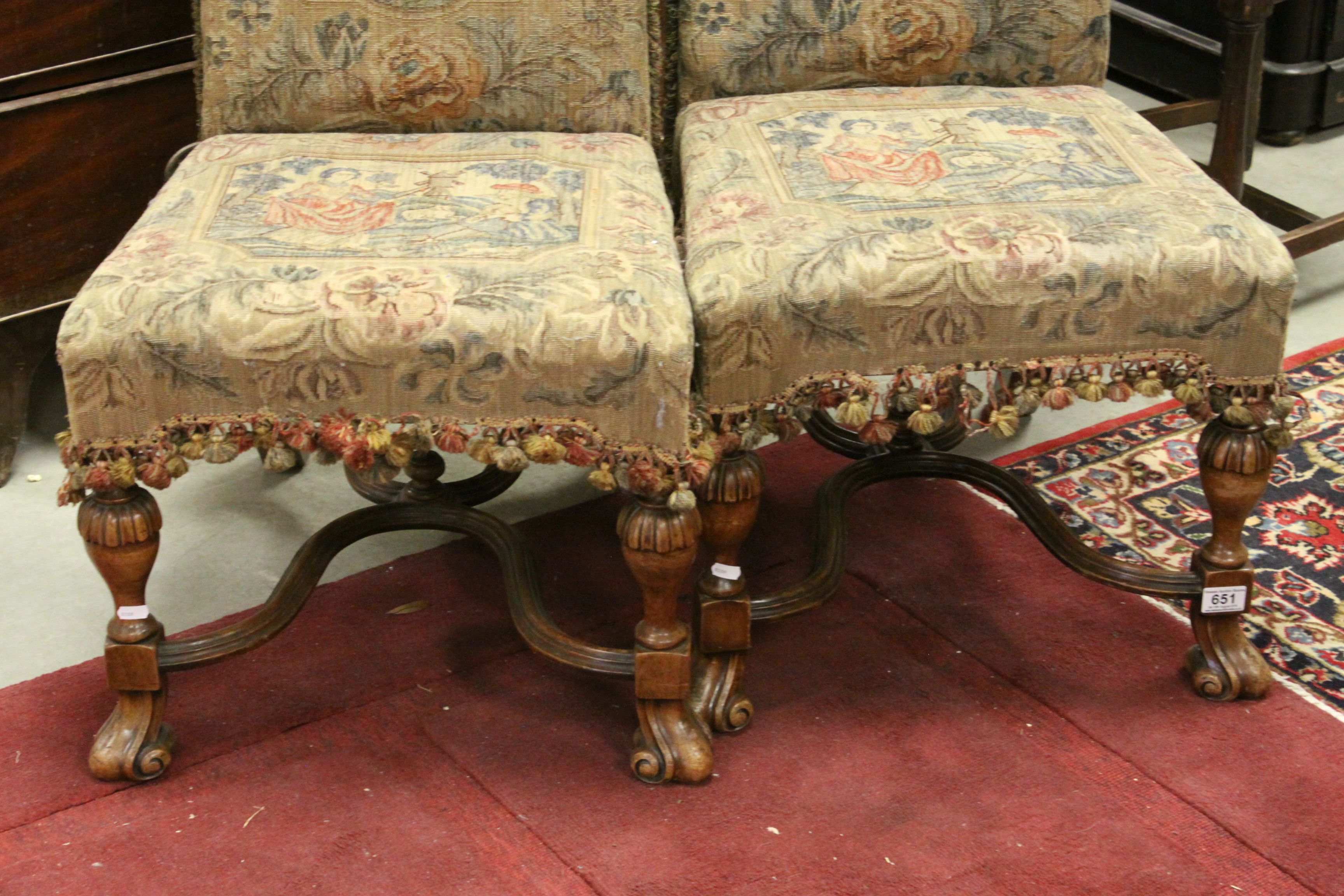 Pair of 17th century Style Chairs, the needlework covered seat and back with fringes and tassles - Image 4 of 7