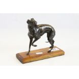 Bronzed Spelter Figure of a Greyhound Dog on Wooden Plinth