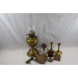 Brass Oil Lamp, another Oil Lamp, Pair of Brass Candlesticks, Icon, Pair of Bakelite Handles, etc