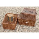 Two Wicker Picnic Basket, Open Wicker Basket and a Small Mesh Cupboard