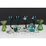 Collection of vintage glassware to include a pair of Loetz style vases, glass Paperweights and