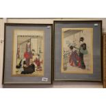 Fine Japanese Wood Block depicting Geisha girls and companions, signed and inscribed on verso