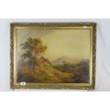 Large gilt framed Oil on canvas of a Country Cottage with mountain to the background