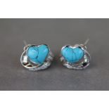 Pair of Silver and Turquoise Heart Shaped Stones