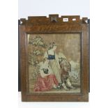 Oak Framed Woolwork Tapestry of Two Girls and a Dog