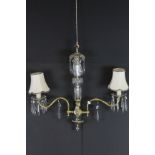 Gilt Metal and Glass Two Branch Central Light Fitting, the centre and two branches both with crystal