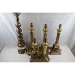 Two Pairs of Brass Corinthian Column Table Lamps, another Corinthian Column Table Lamp together with
