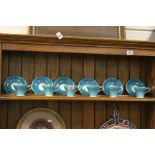 Set of Six Vintage Anysley Blue Tea Cups and Saucers with Gilt Leaf Interiors