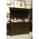Oak Gothic Revival Court Style Cupboard, the galleried top with panelled back above a panelled