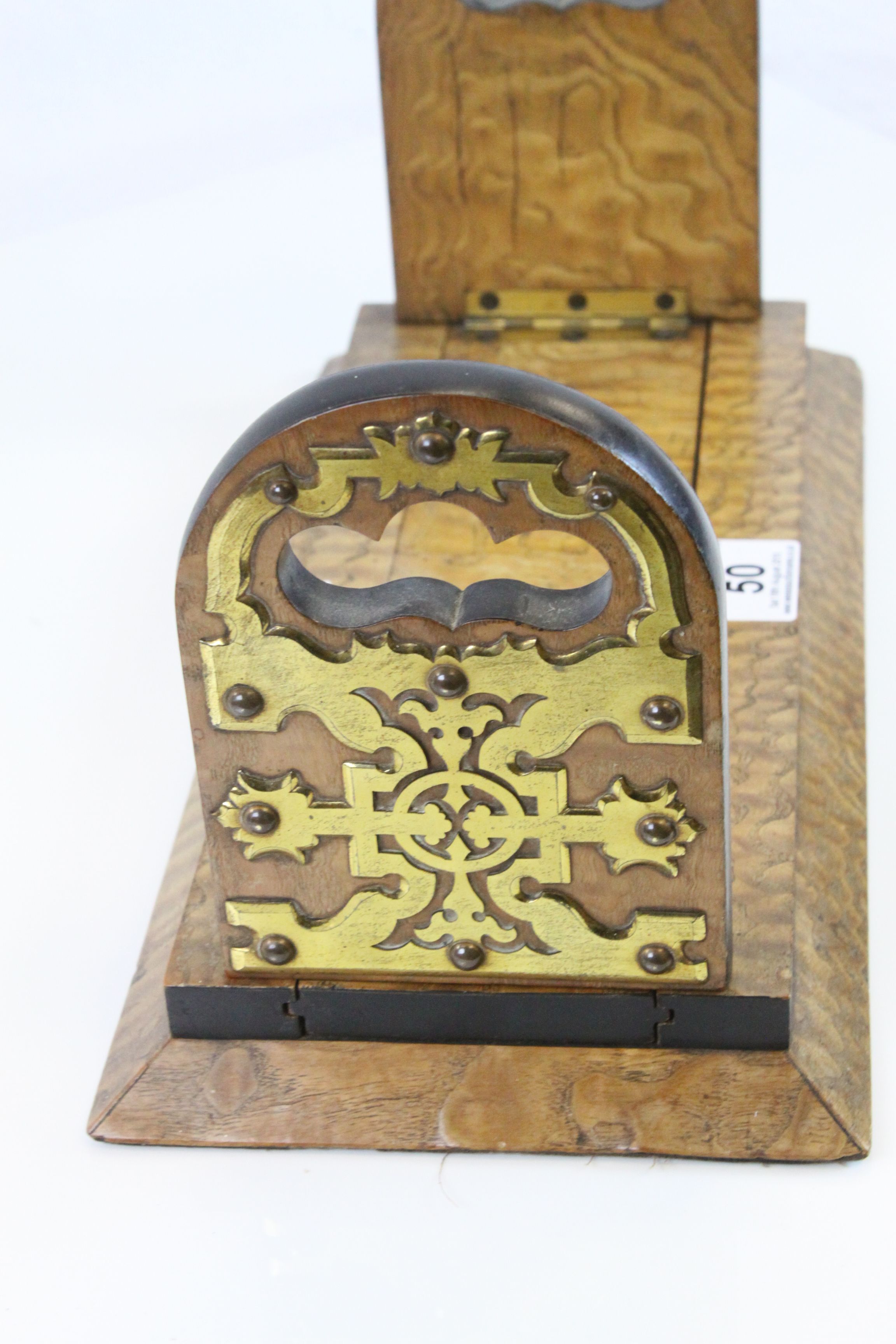 Walnut Veneer sliding Oak Bookshelf with Arts & Crafts style Brass detailing - Image 4 of 5