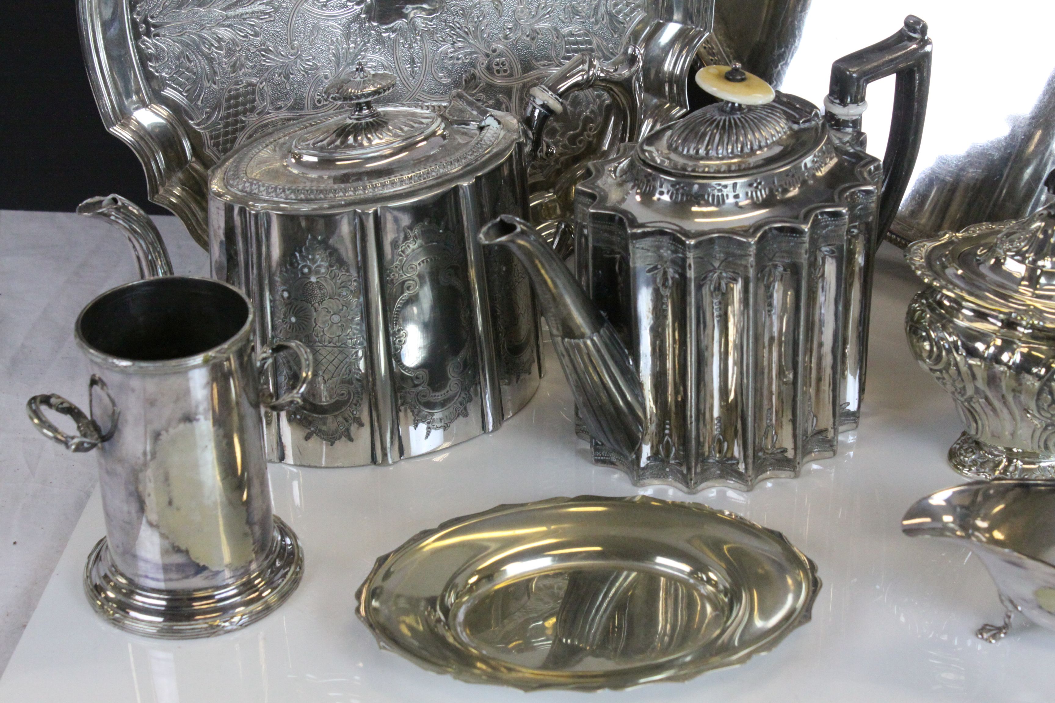 Collection of Silver Plate including Oval Gallery Tray, Pair of Trumpet Vases, Teapots, Sugar - Image 2 of 3