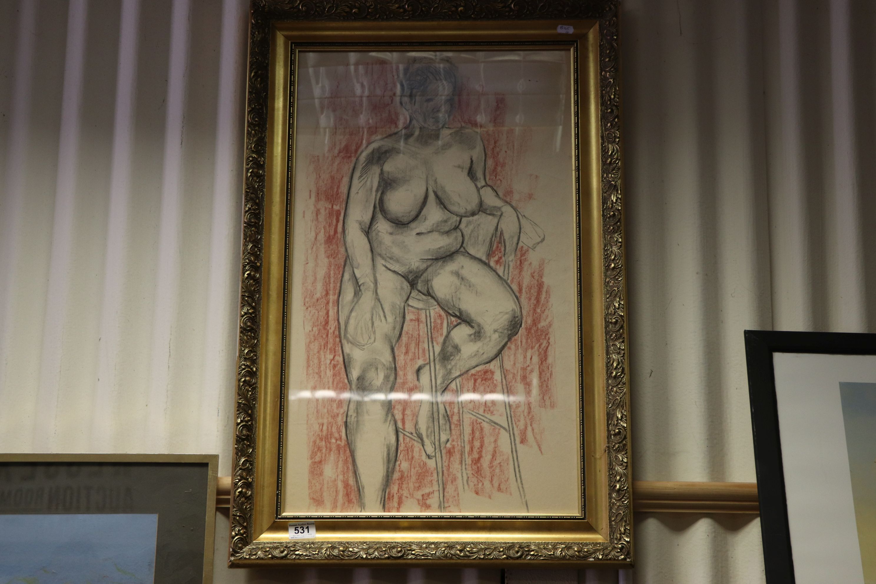 20th century School Pastel and Sanguine Chalk, study of nude female, gilt framed