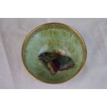 Wedgwood lustre bowl with gilt butterfly decoration, orange and green dappled glazes, gilt border