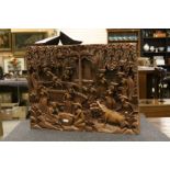 Oriental Hand Carved Hardwood Panel depicting Village Scene, 49cms x 38cms