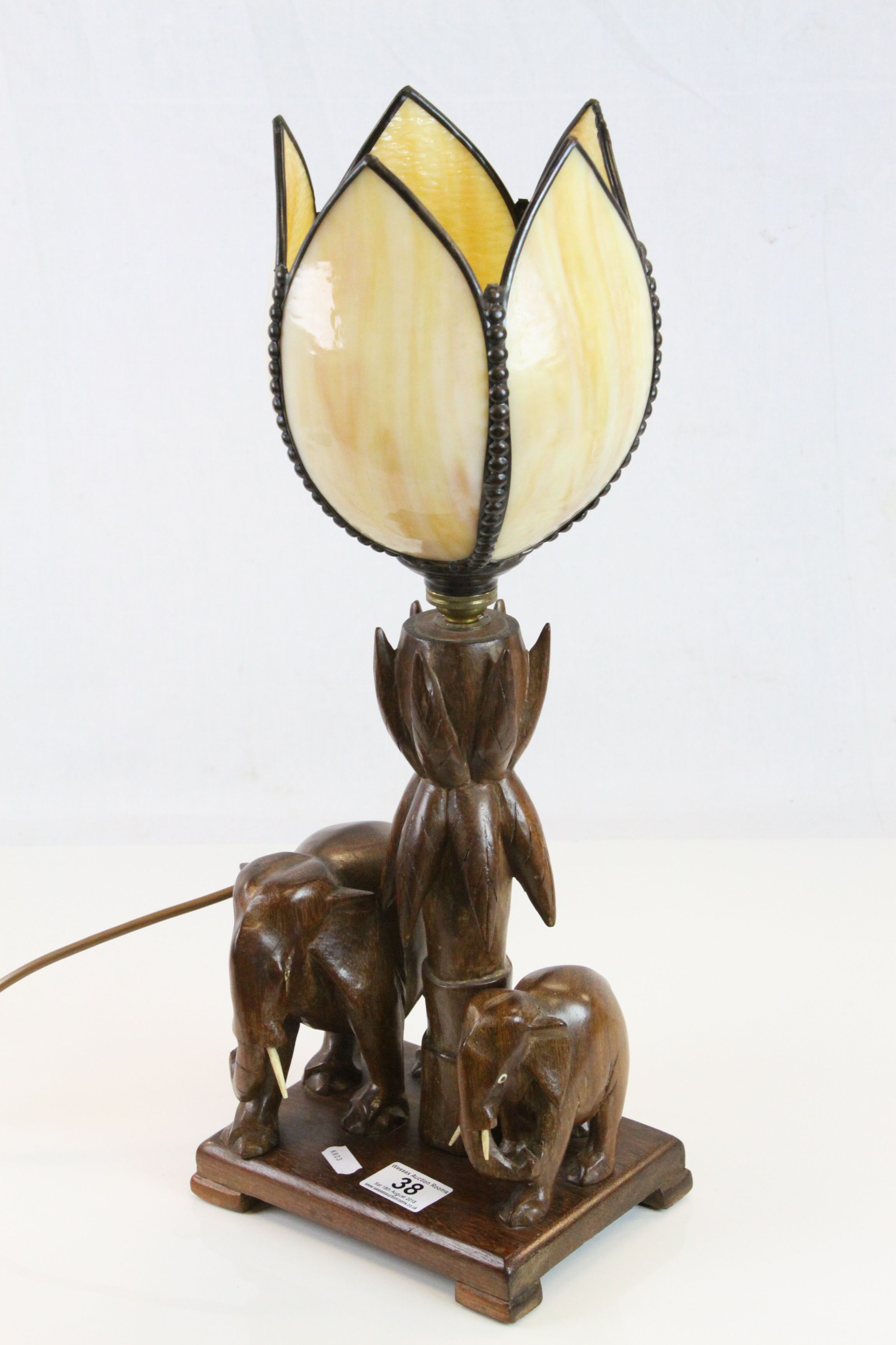 Wooden lamp with Elephant & Palm tree design with Tulip style glass shade with metal framing