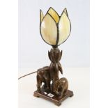 Wooden lamp with Elephant & Palm tree design with Tulip style glass shade with metal framing