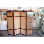 Late 19th century Mahogany Four Fold Screen with Painted Canvas Panels