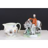 Staffordshire style ceramic model of "Garibaldi" with horse and a Crescent Ivory Hunting jug