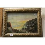 Ornate Gilt Framed Oil Painting View of an English coastal fishing village inlet