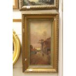 Late 19th / Early 20th century Oil on Canvas of Two Horses & a Woman in Village Lane, 57cms x 27cms