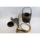 Metal Cockerel Hanging Door Bell, Old Glue Pot and a Brass Circular Horn