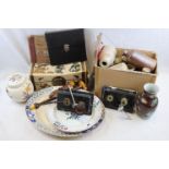 Box of Mixed Collectables to include Stoneware Bottles, 19th century Book, Locks, Binoculars,