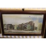 A F Gill, Watercolour 1960's Architectural View of Office Buildings with Cars in Foreground