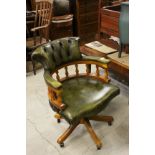 Edwardian Style Green Button Leather Swivel Office Chair